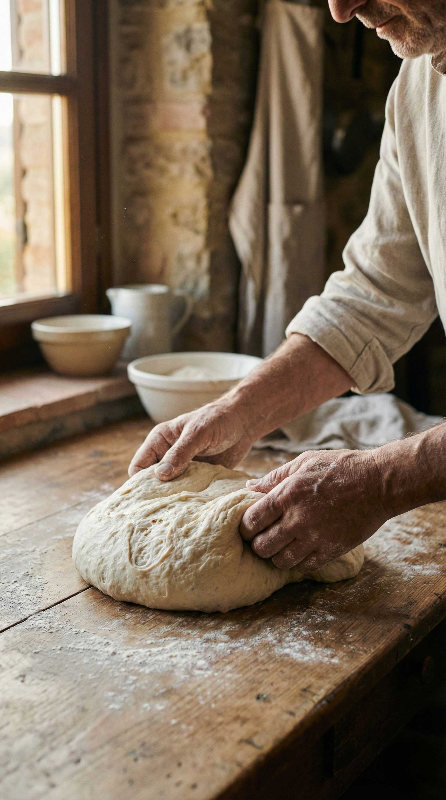 A baker's hands knead a large ball of dough on a rustic wooden table.