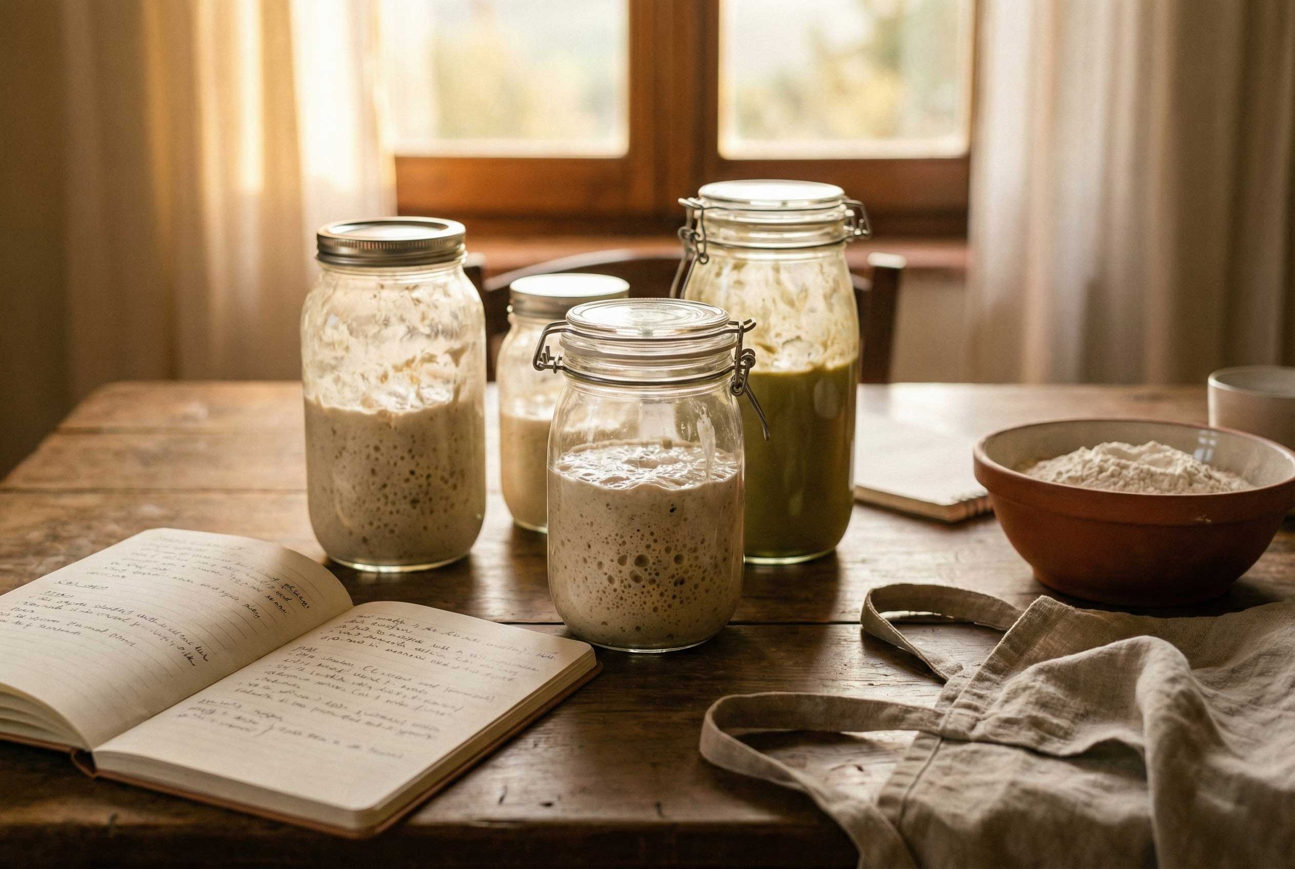 Glass jars of sourdough starter on a wooden table with a notebook of handwritten recipes.