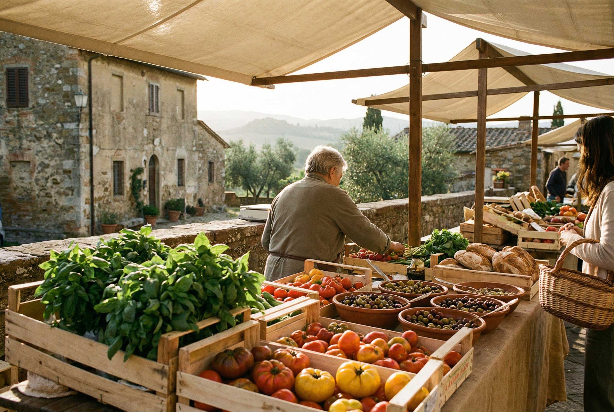 A rustic outdoor market stall with fresh produce in a Tuscan village.