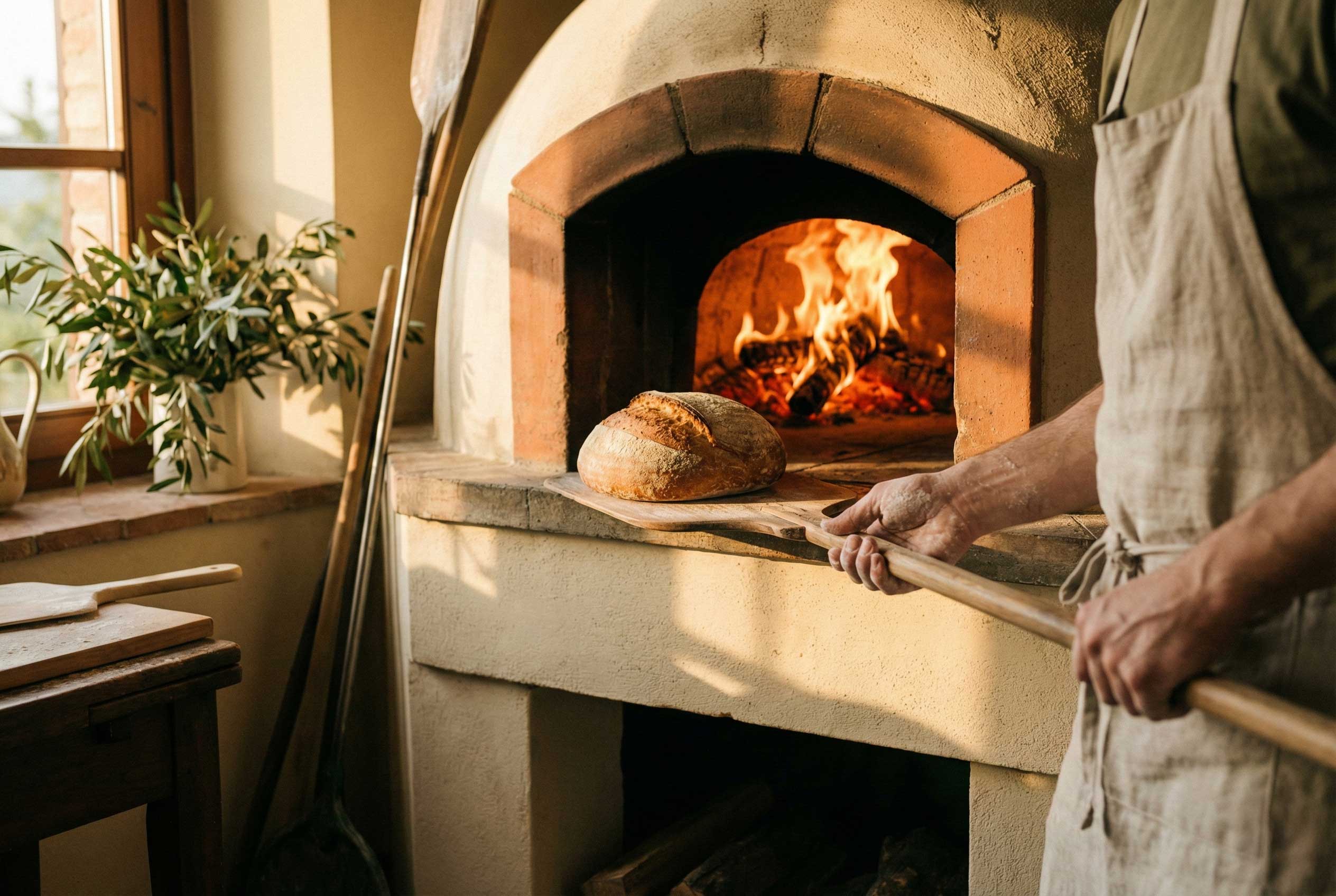 A person places a freshly baked loaf into a rustic wood-fired oven.