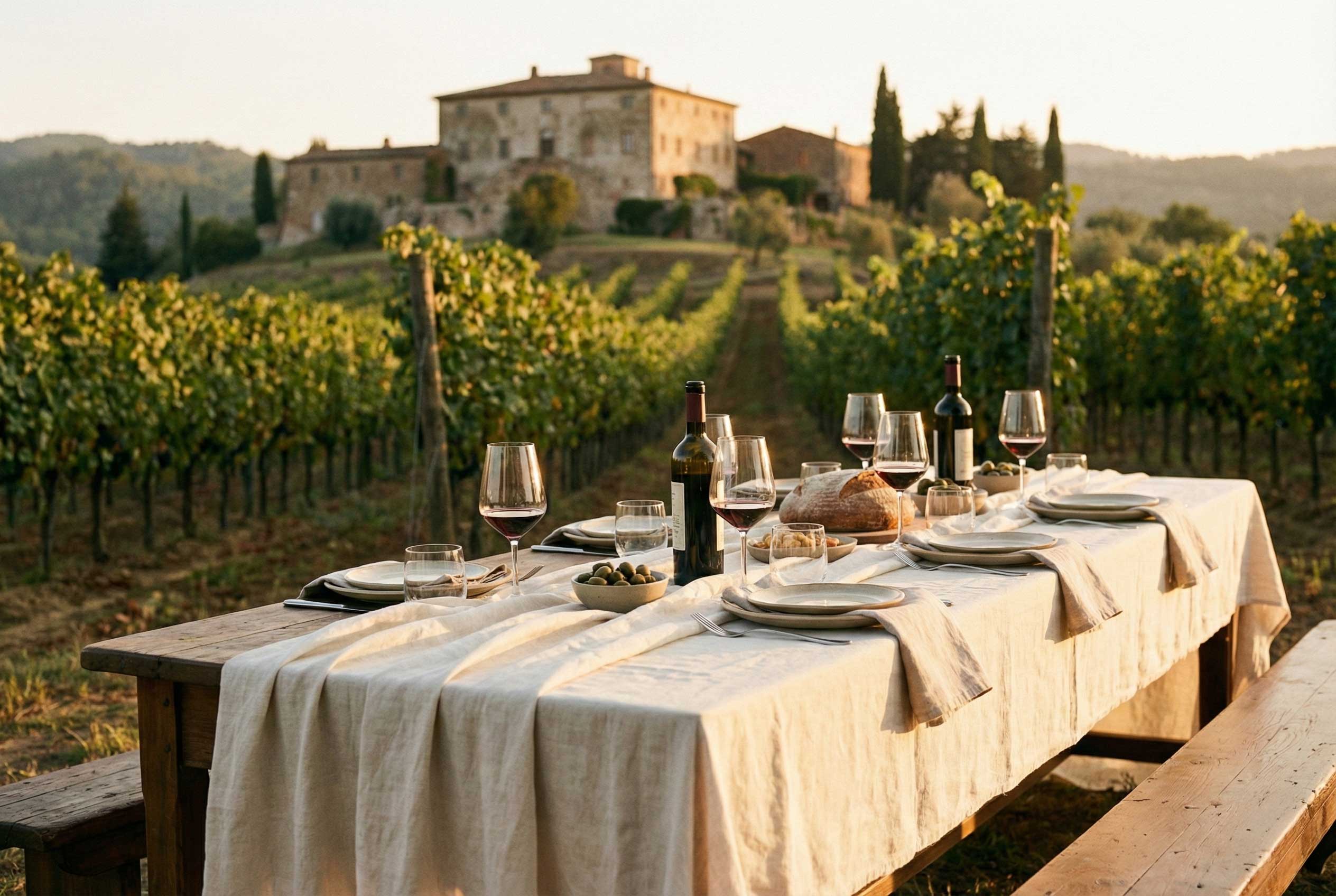 A rustic outdoor dining table set with wine glasses and bread amidst vineyard rows.