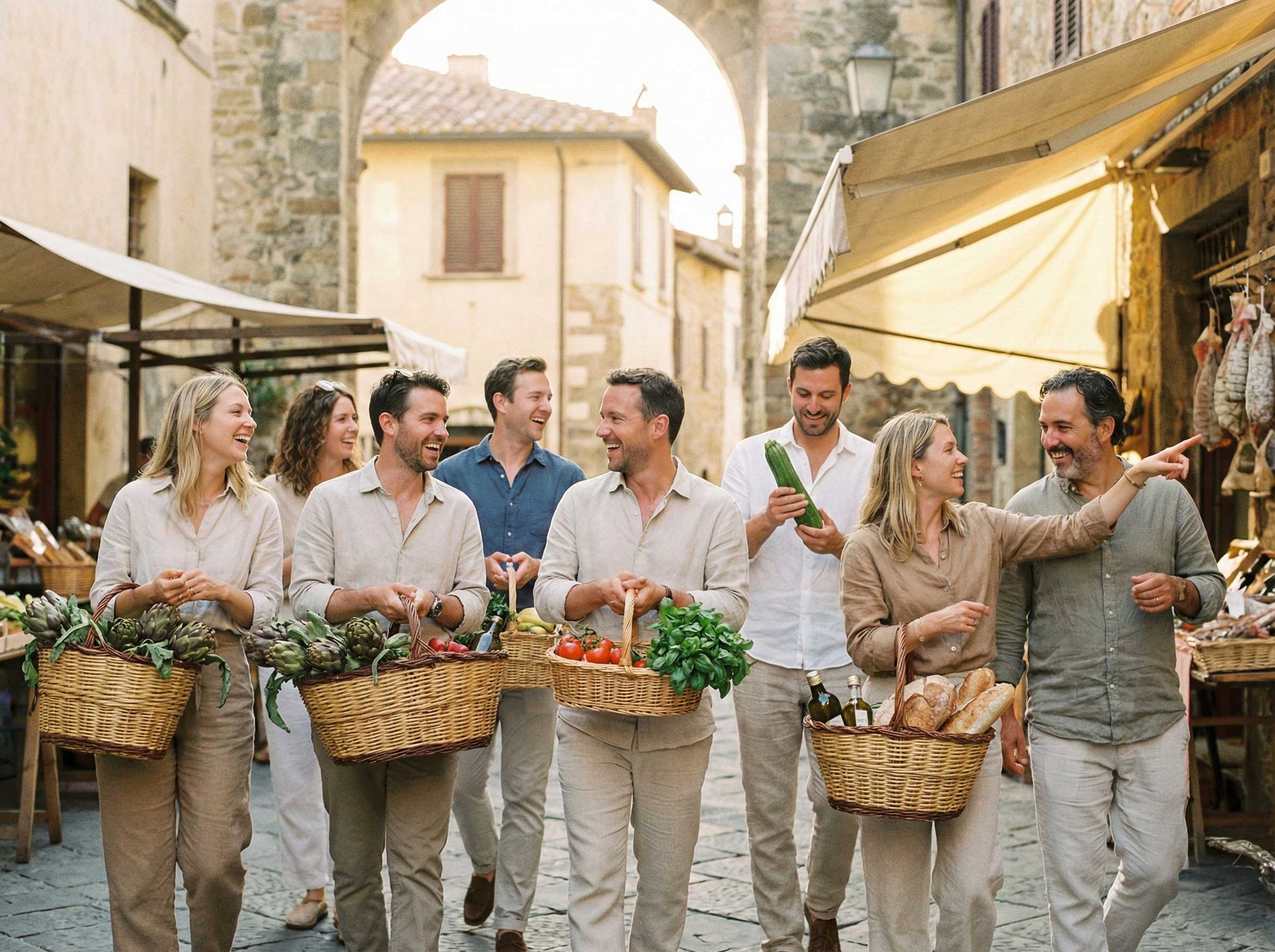 Participants walk joyfully through a cobblestone village street.
