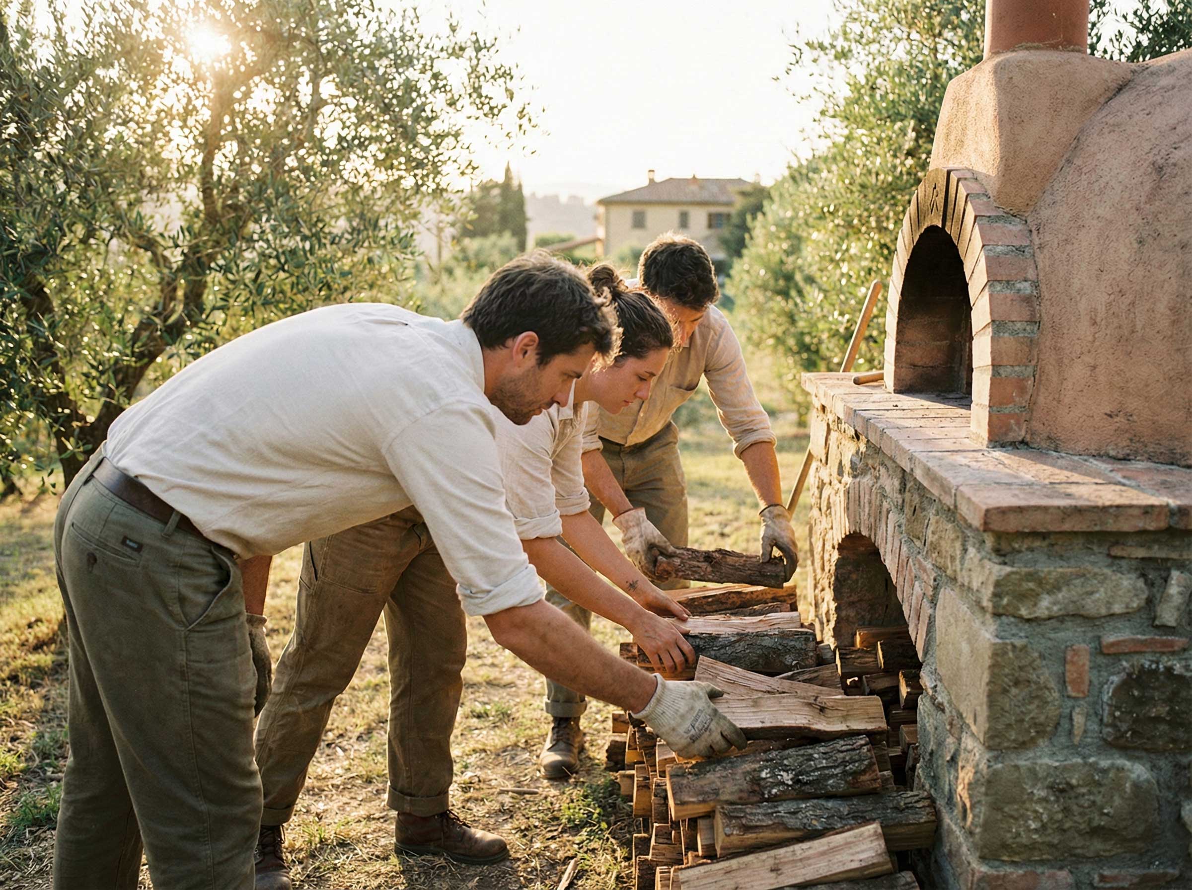 Participants stack firewood into a rustic stone oven in an olive grove.