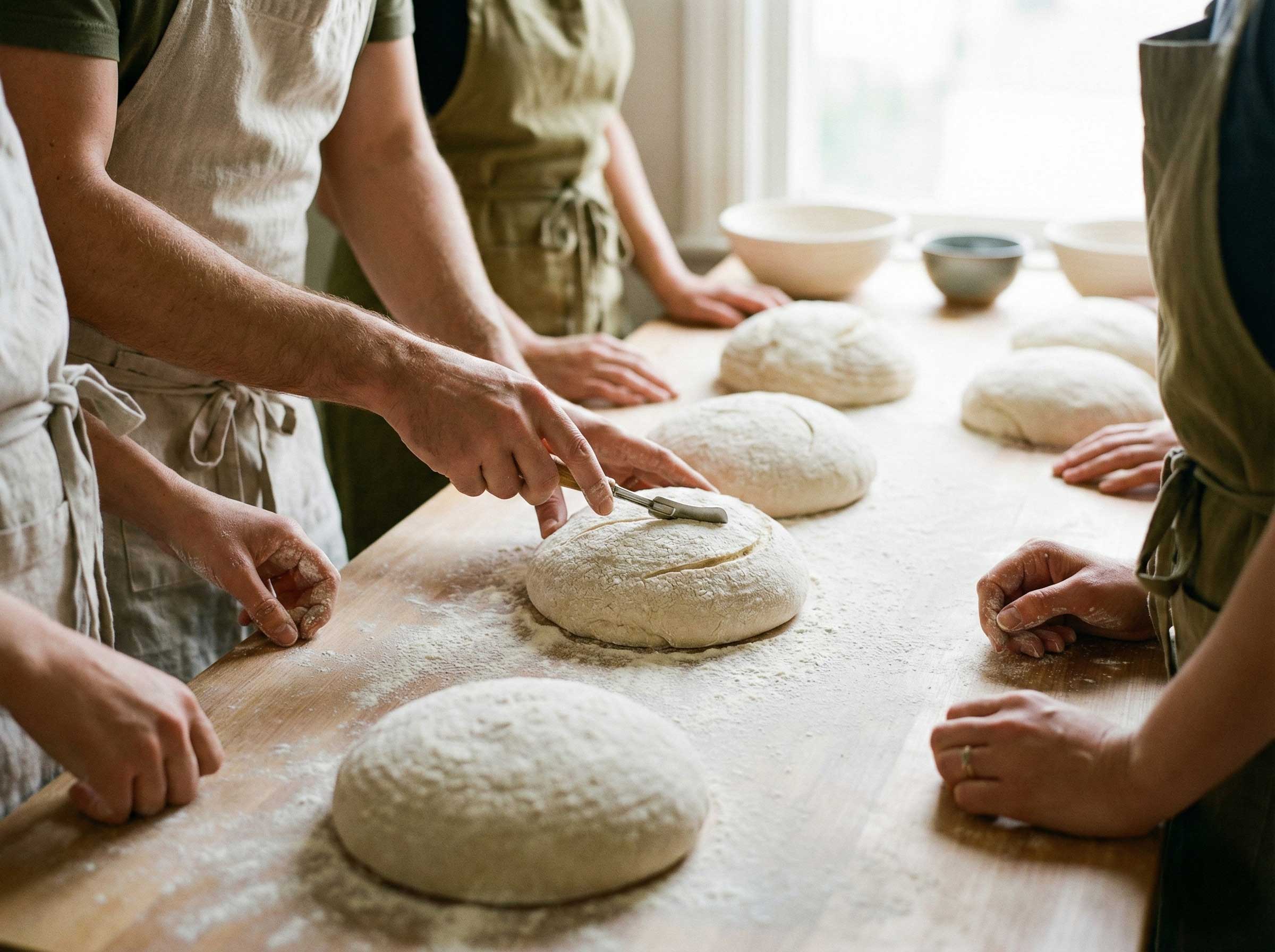 A group shapes and scores round loaves of bread dough.