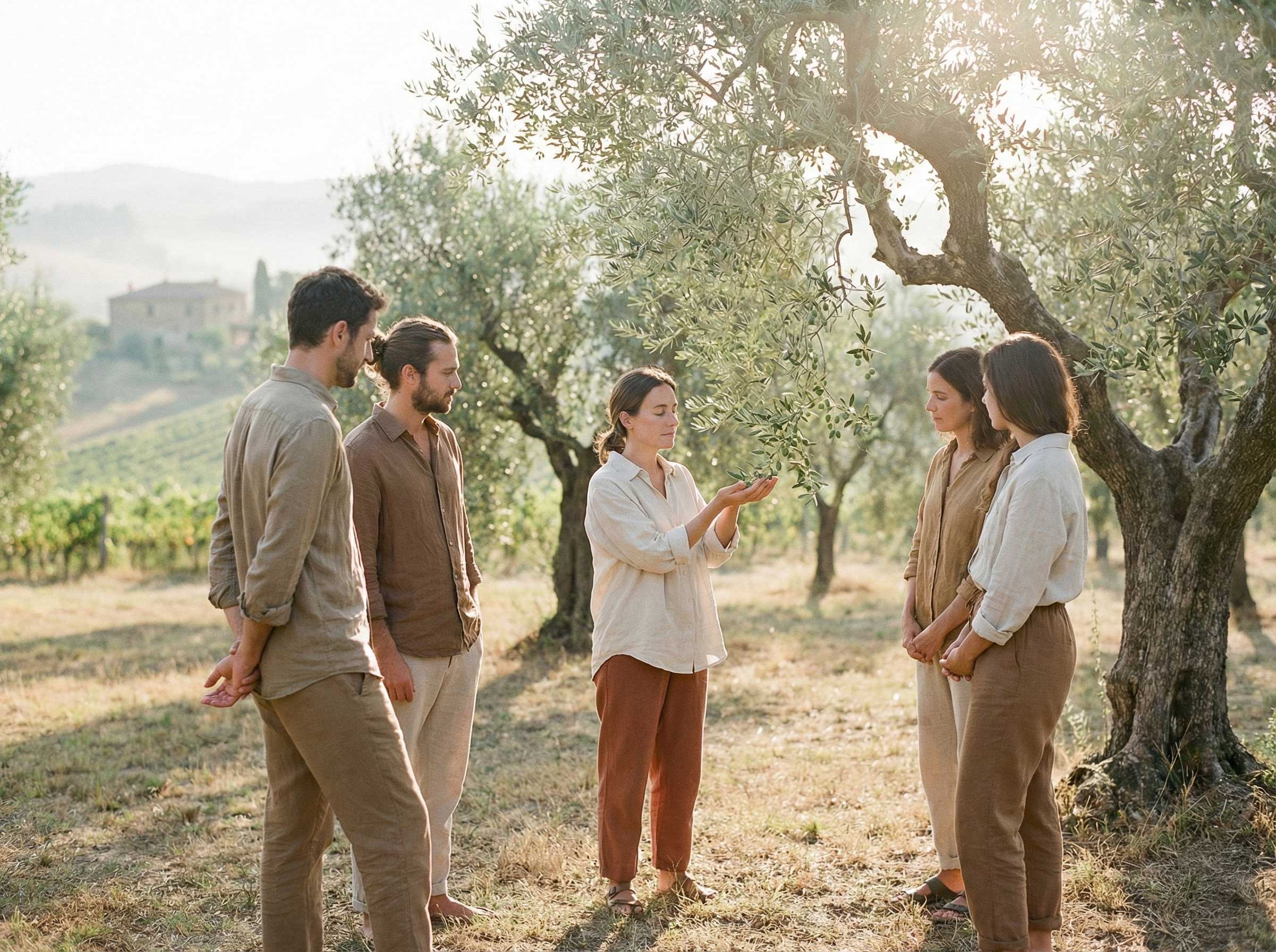 A group stands under olive trees in a sunlit orchard.