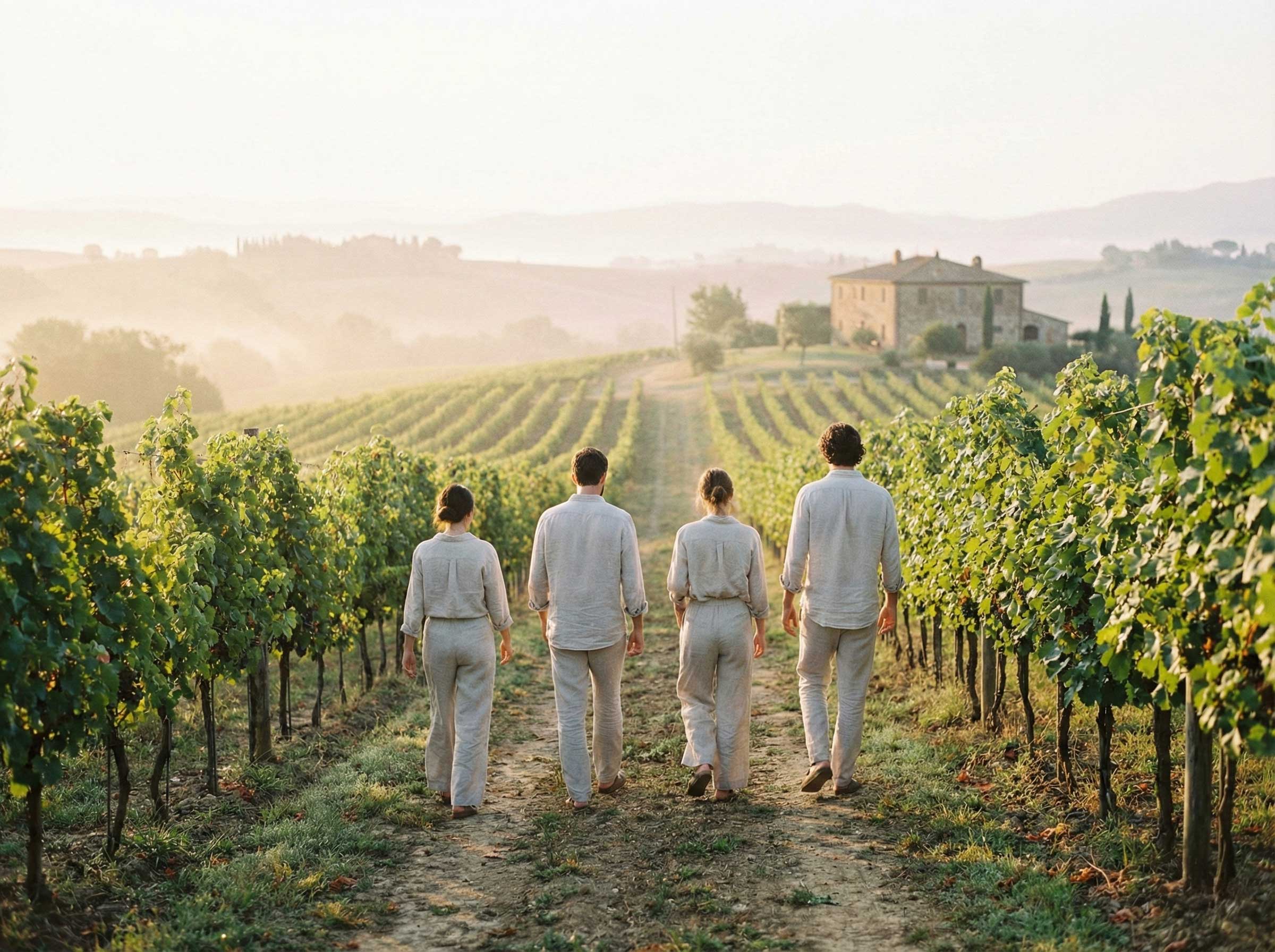 Four people walk along a vineyard path towards a stone farmhouse.