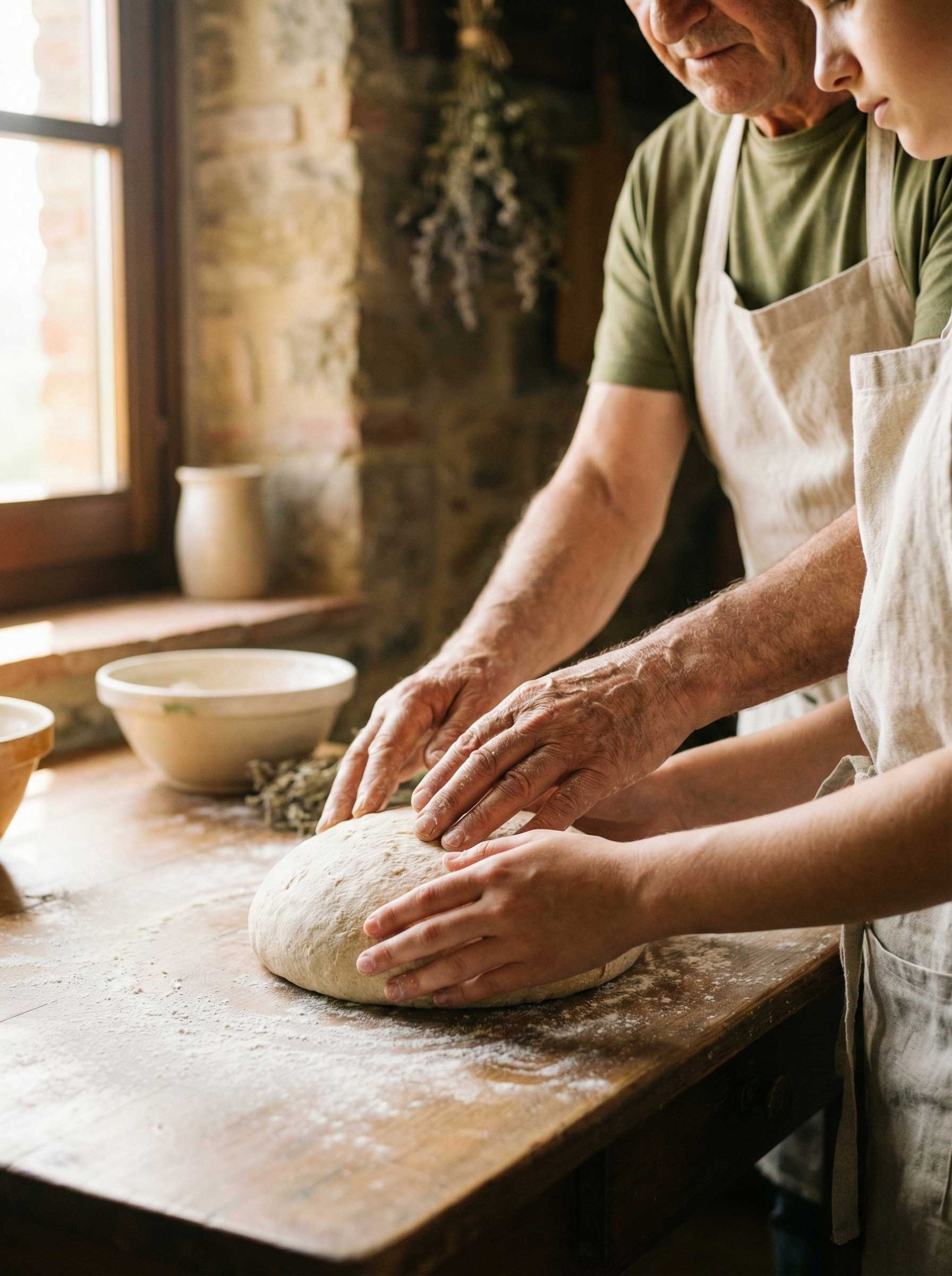 The maestro guides a participant working dough by a window.