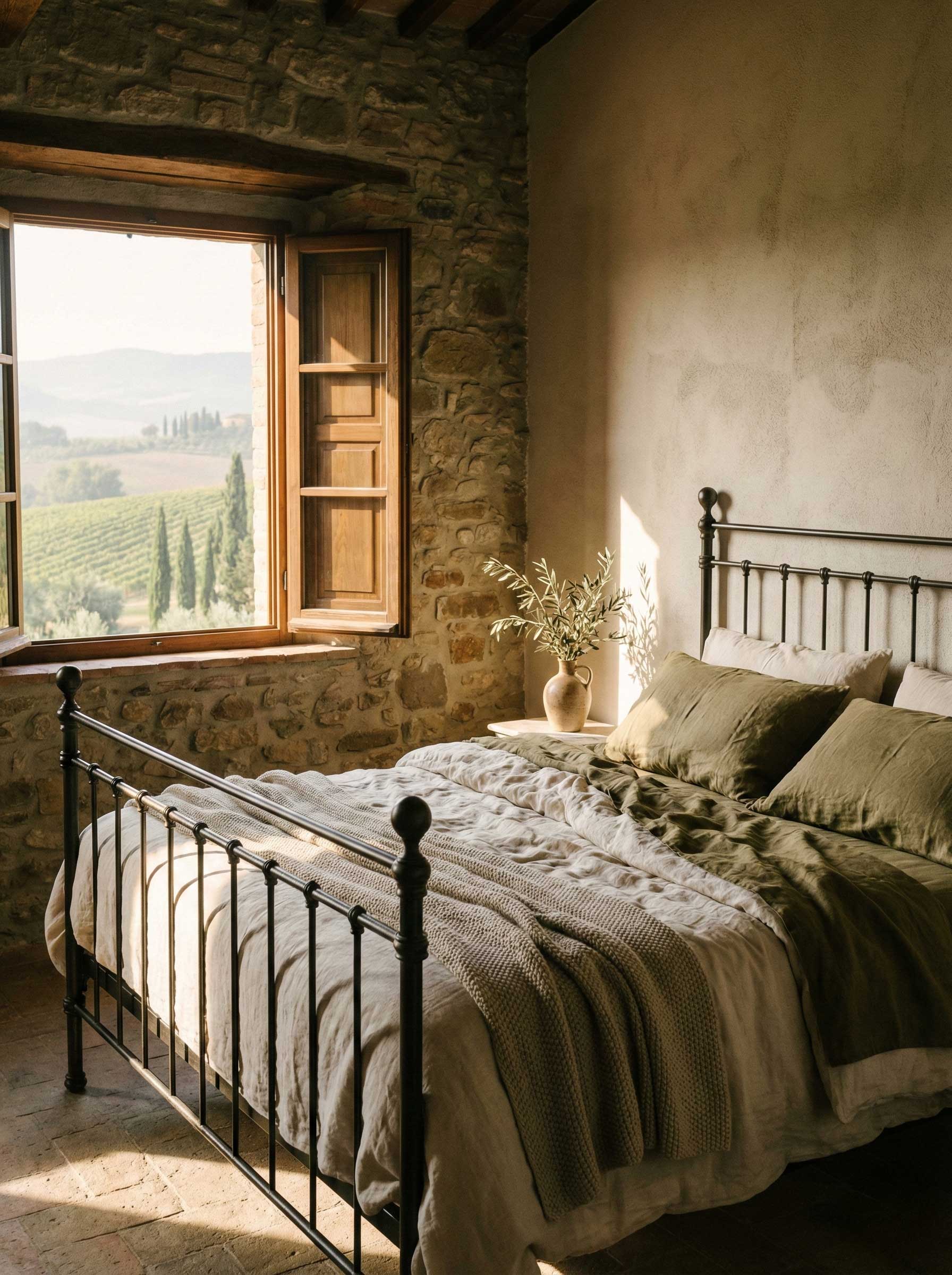 A bedroom in a secluded countryside estate with a view of the hills.
