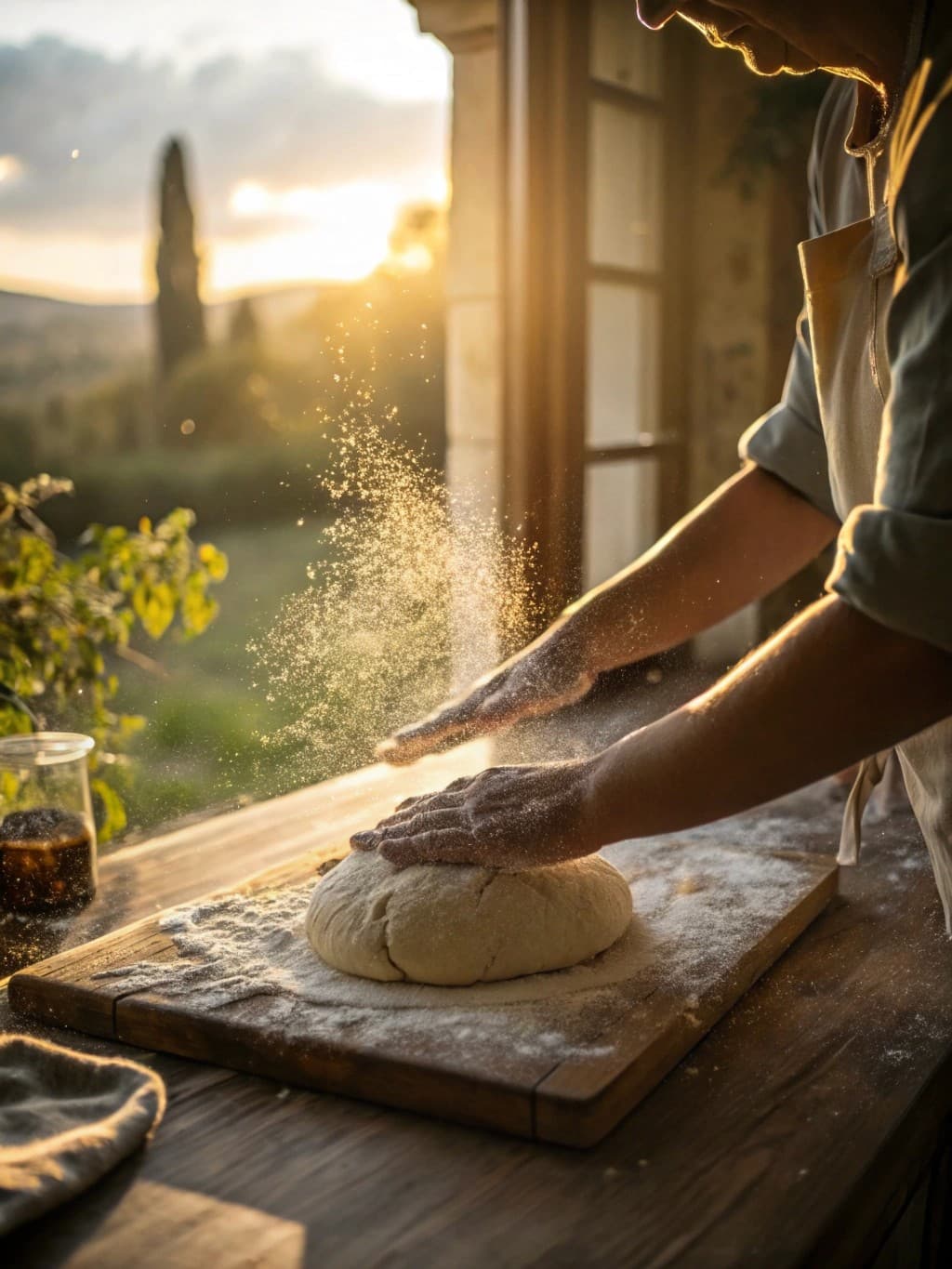 Baking at sunset. Hands press dough on floured board, dust rising.