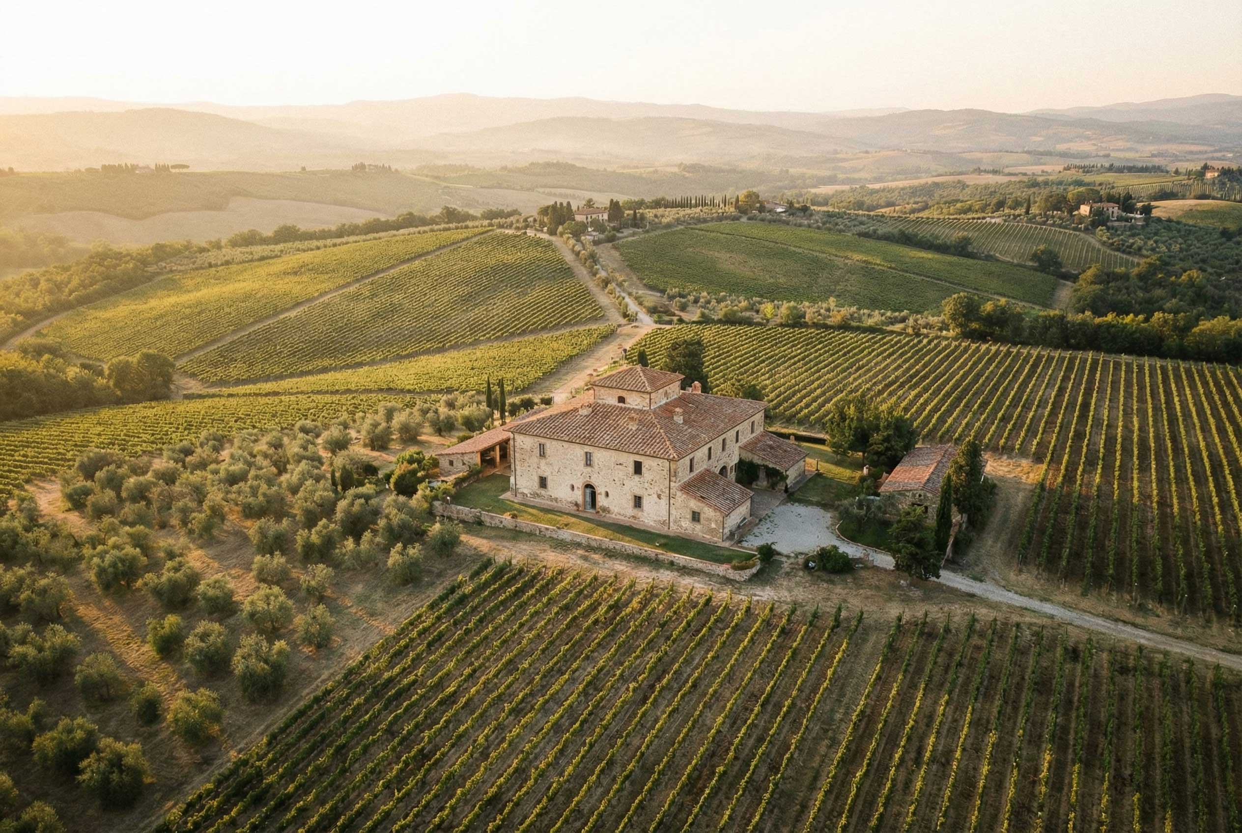 Aerial view of a Tuscan estate amidst vineyards and olive groves.