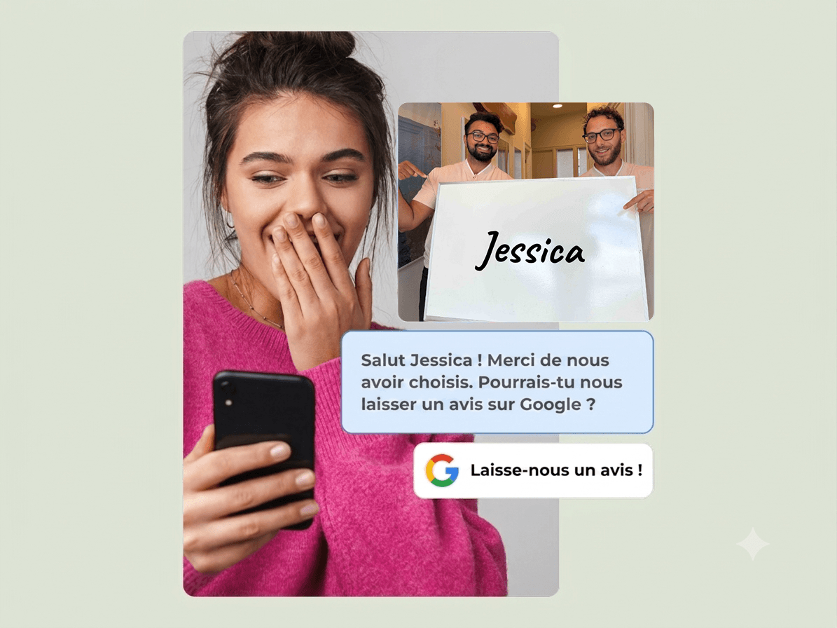 Une cliente reçoit une demande d'avis personnalisée avec la photo de l'équipe.